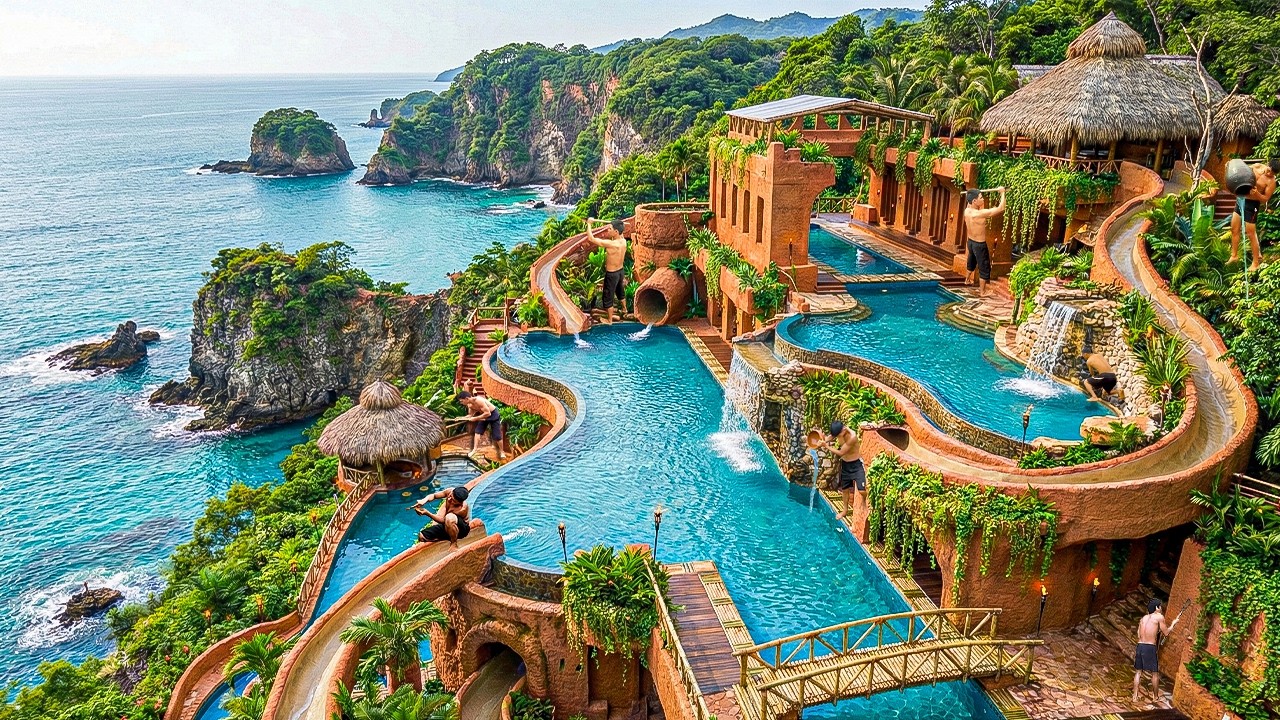 300 Days Building Epic Jungle Water Park Mansion on a Dangerous Seaside Cliff Using Primitive Tools