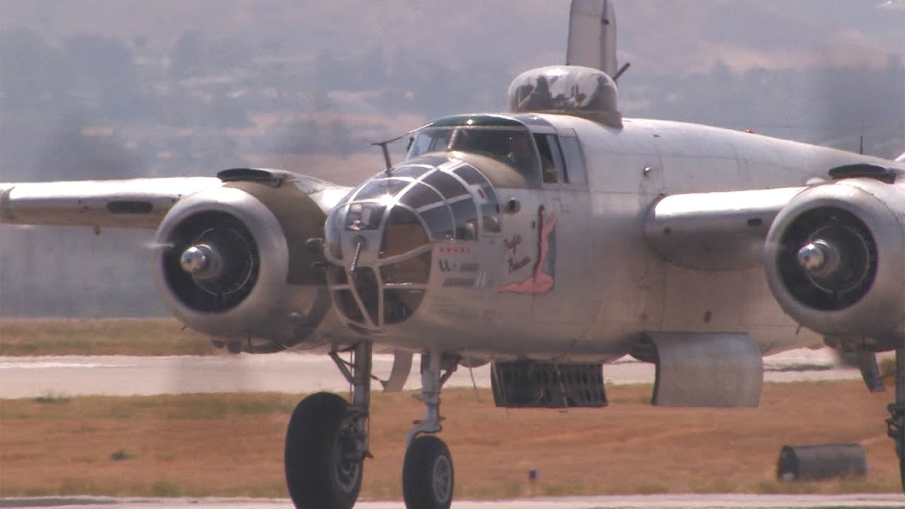 B-25 Mitchell, C-47 Skytrain engine startup, taxi & takeoff