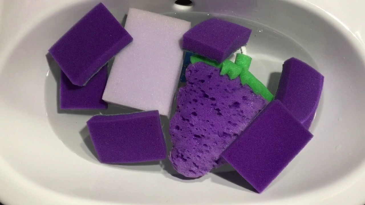 ASMR SPONGES | Purple sponges squeezing and ripping | Water, soap, destroy, sponge sounds