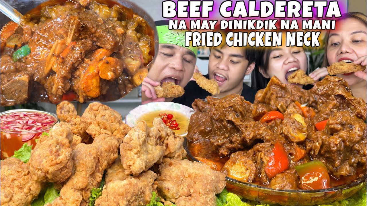 BEEF CALDERETA NA MAY DINIKDIK NA MANI & CRISPY CHICKEN NECK JOLLIBEE STYLE MUKBANG PINOY MUKBANG