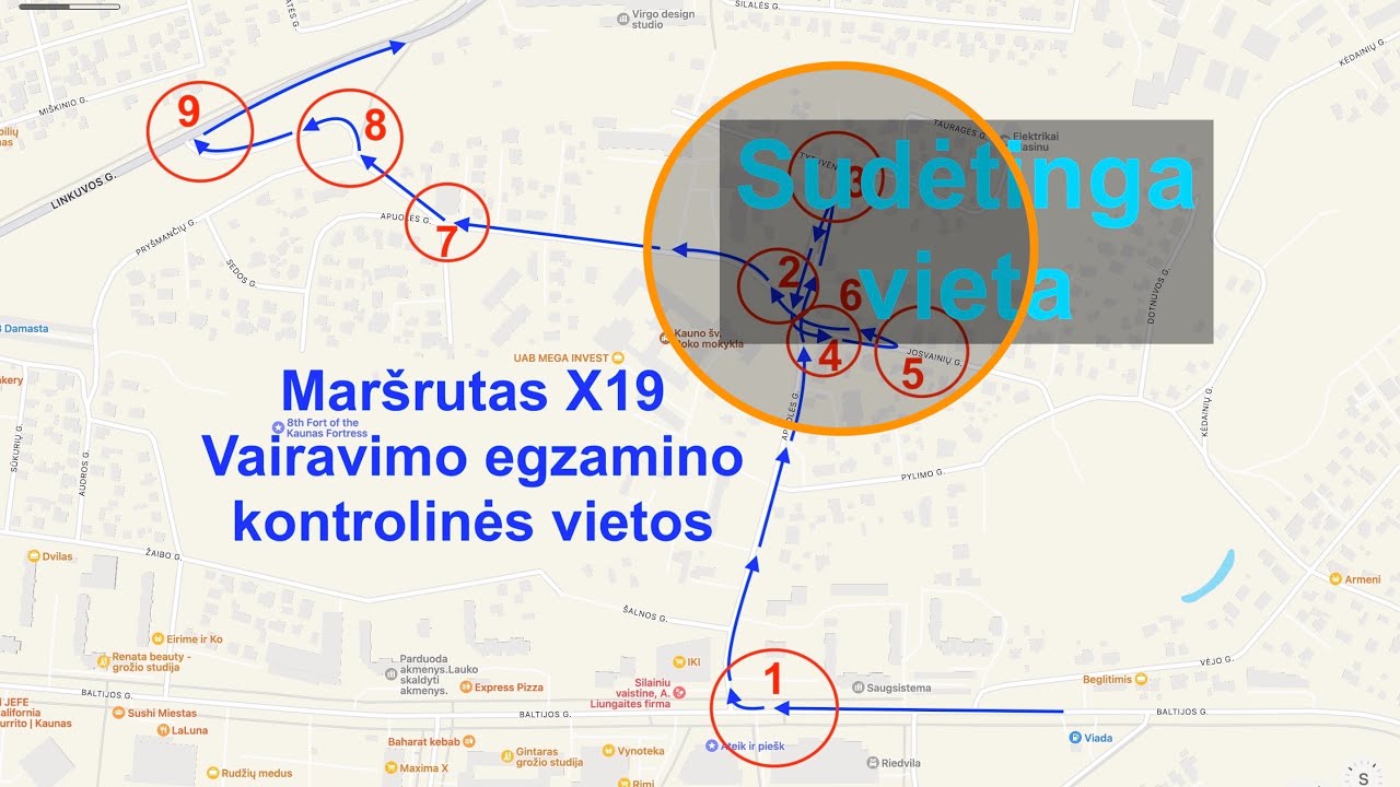 Vairavimo egzamino kontrolinės vietos. Mašrutas X19