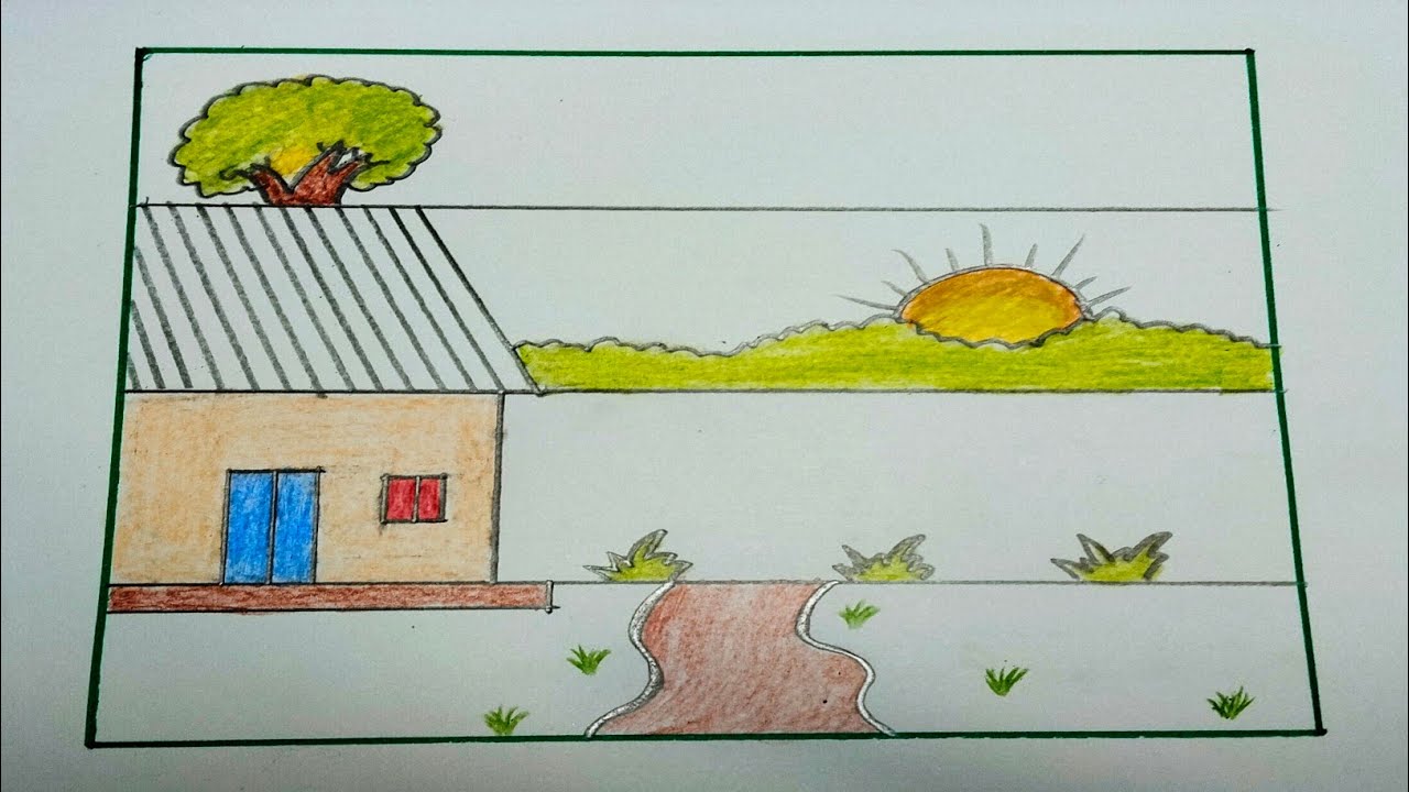 How to draw a simple sunset House Landscape Village scenery Drawing 