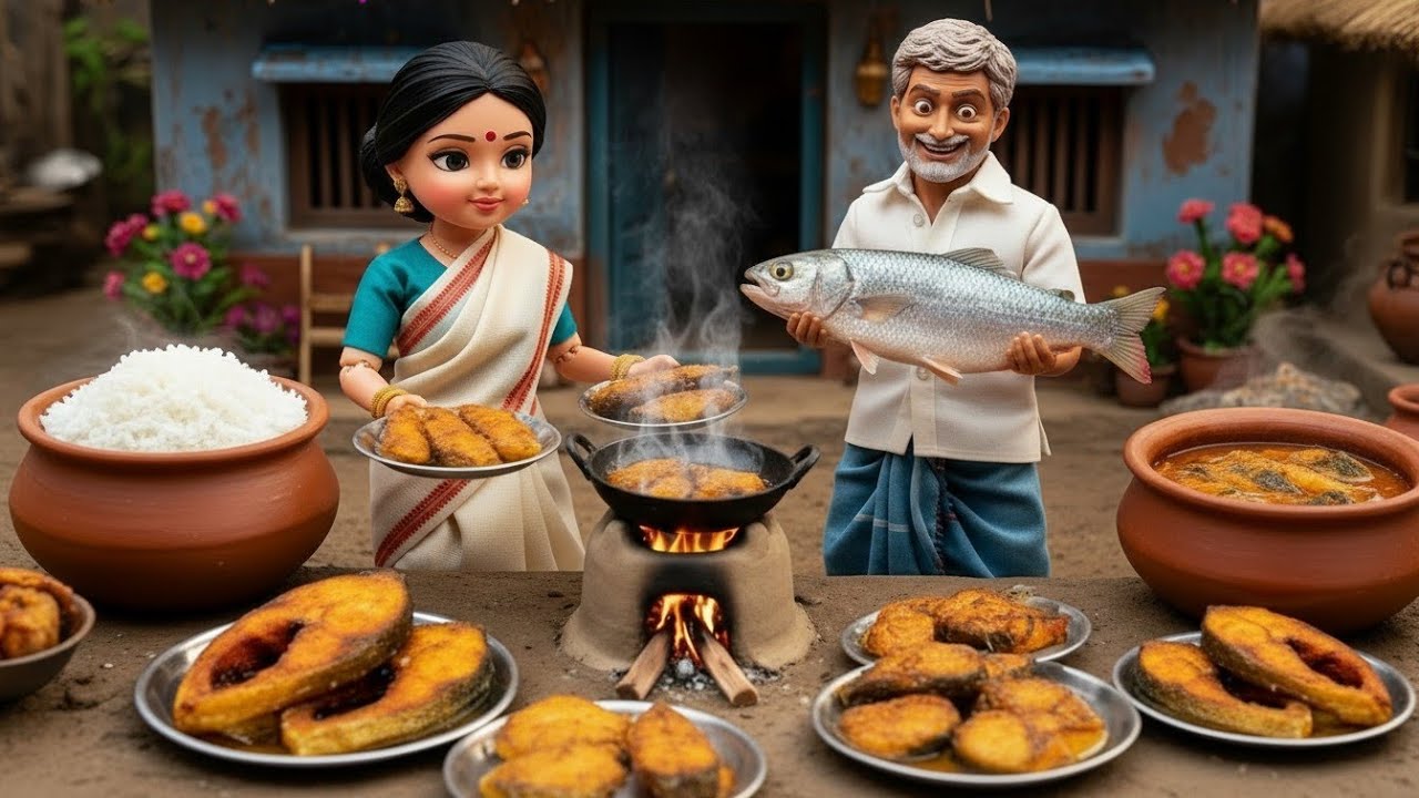 Miniature Doll Massive Fish Cooking 🍛🐟 | Indian Village Tiny Kitchen | Feeding Poor ASMR
