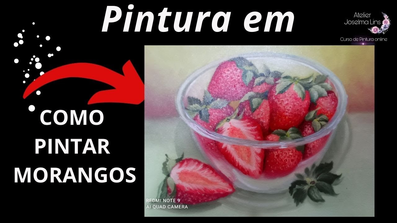Como pintar Morangos em vaso transparente ( pintura em tela para iniciantes)