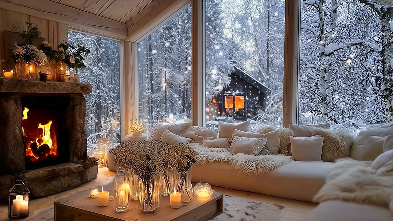 ❄️Quiet Winter Piano Lounge | Snow View & Warm Fireplace BGM | Focus Work Sleep