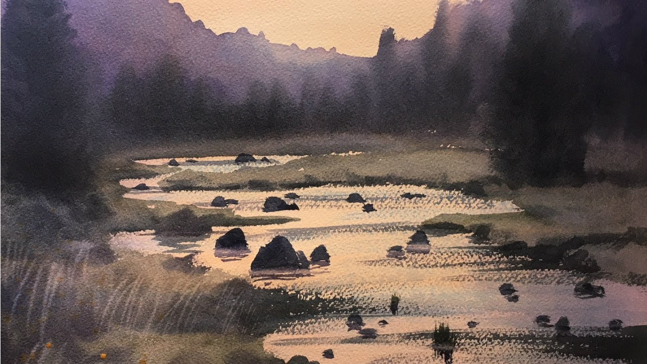 Painting a beautiful river scene in watercolor