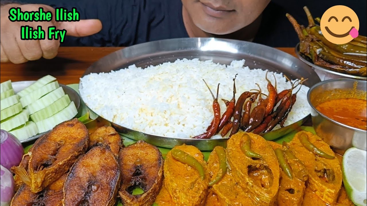 Eating Delicious Shorshe Ilish Curry & Ilish Fish Fry With Rice | Brinjal Fry || Asmr Eating Show😋😋