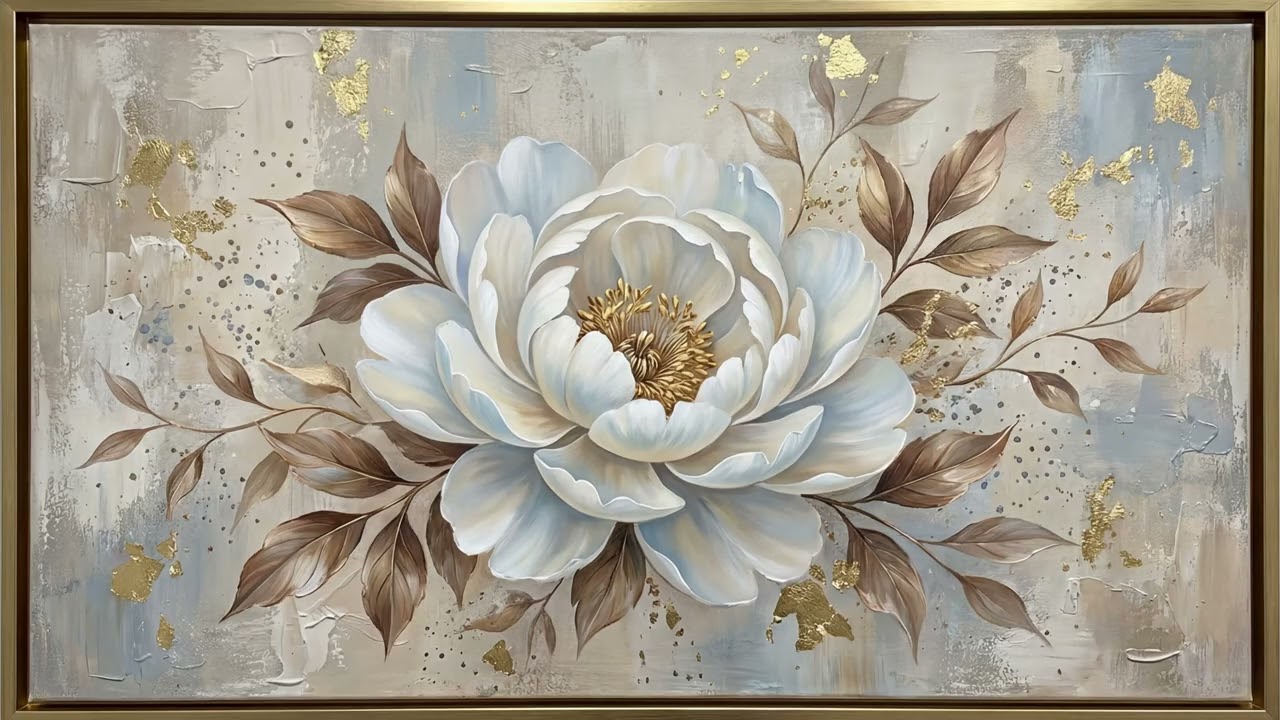 Luxury White Peony Floral Art 🌸 4K Screensaver for TV | Elegant Gold Abstract Wall Art