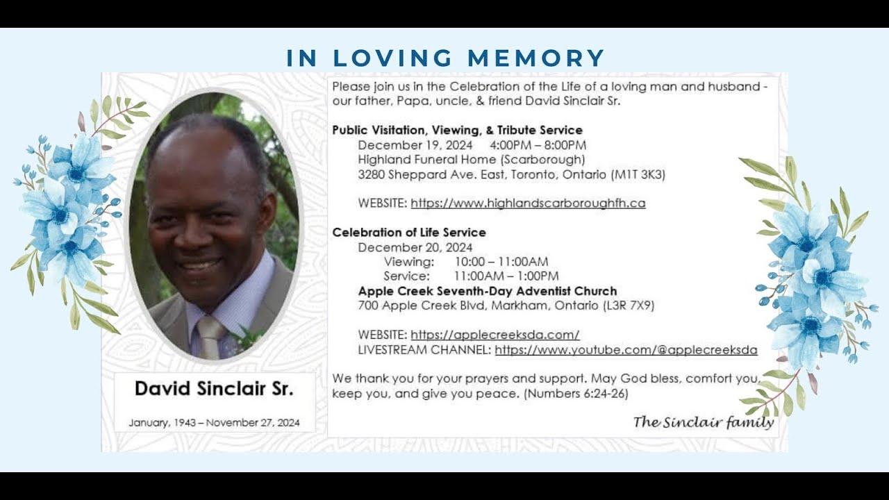 Celebration of Life for David Sinclair Sr. - Apple Creek SDA Church - December 20, 2024