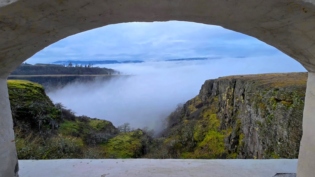 Rowena Crest Viewpoint on a foggy evening just outside The Dalles Oregon.