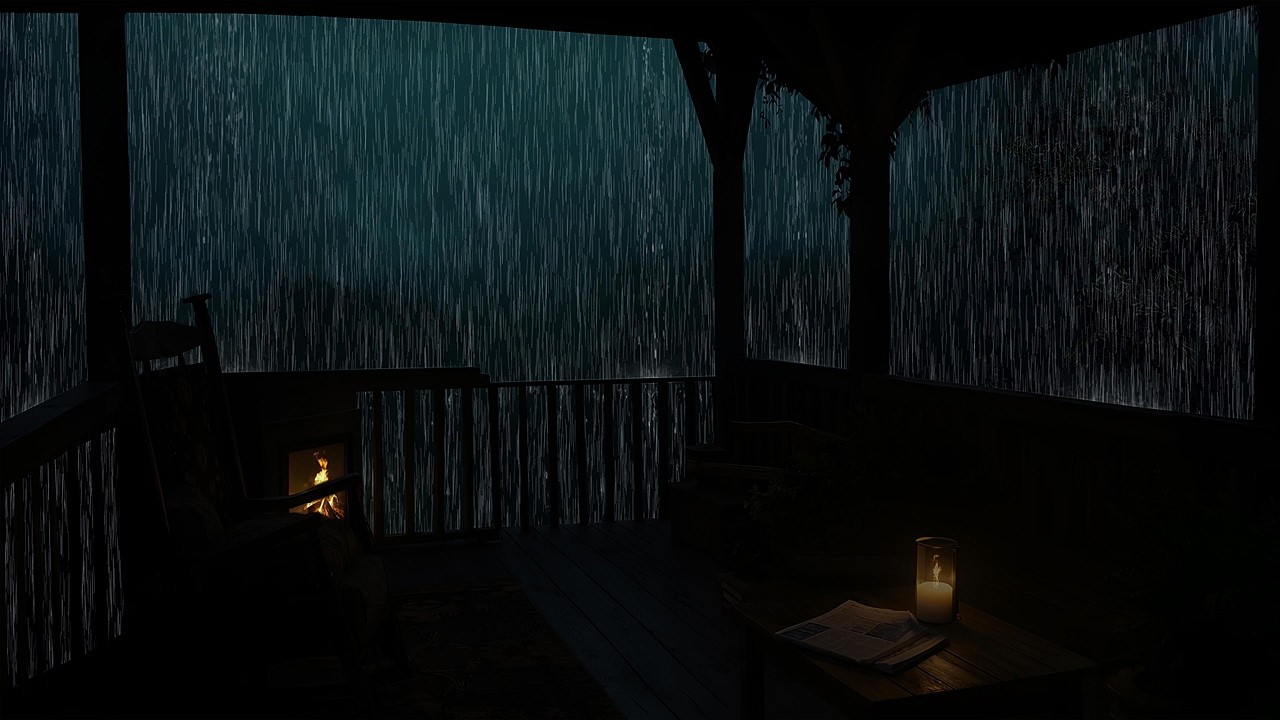 Rain lashes a dark forest cabin, fireplace flickers warmly. A cozy study sanctuary awaits.
