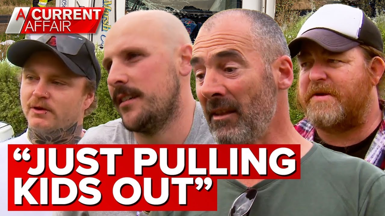 Tradies hailed heroes after smashing into school bus to rescue children | A Current Affair