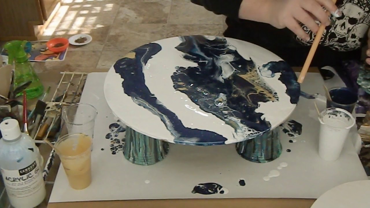 (48) Acrylic Pour, Blue and Gold on White