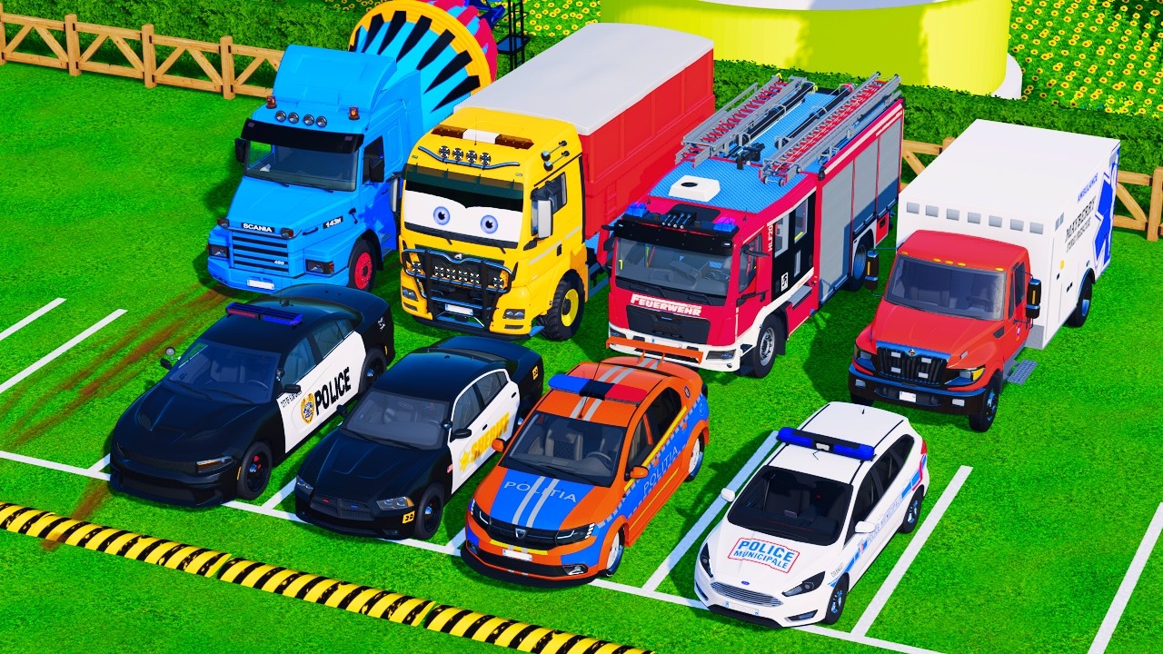 TRANSPORTING POLICE, SHERIFF, AMBULANCE, FIRE TRUCK, BOX & MIXER TRUCK with VOLVO 🚛🔥 | FS22 #55