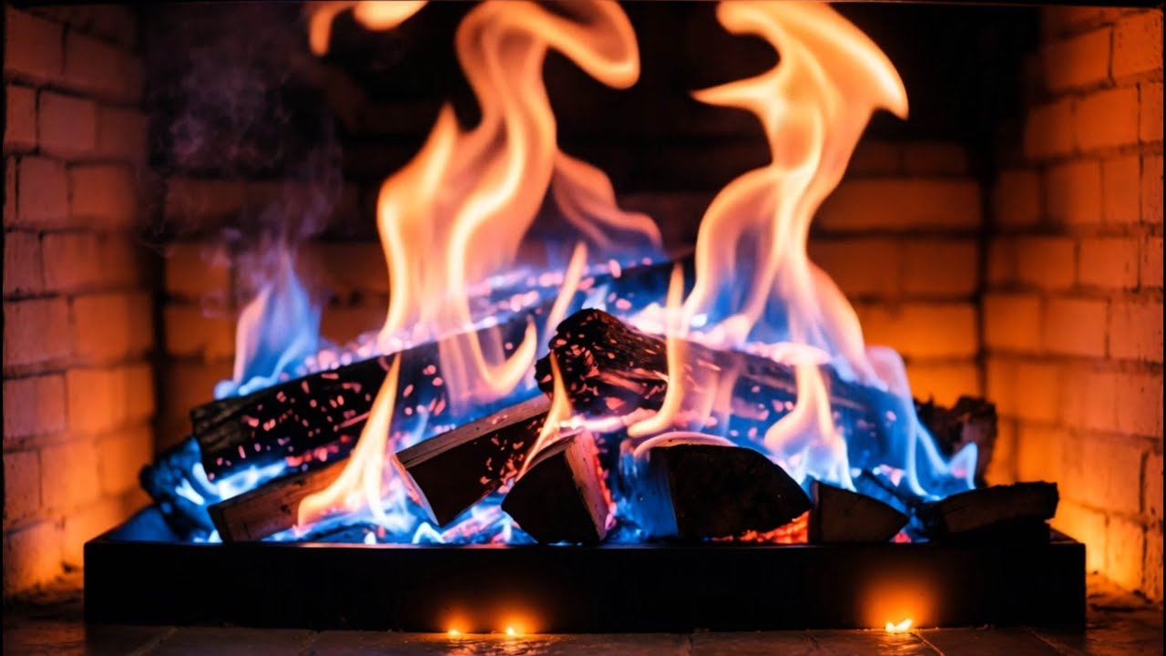 ❄️ Stress Relief & Cozy Mood - Blue Flame Fireplace with Warm Brick Surroundings and Calming Sounds