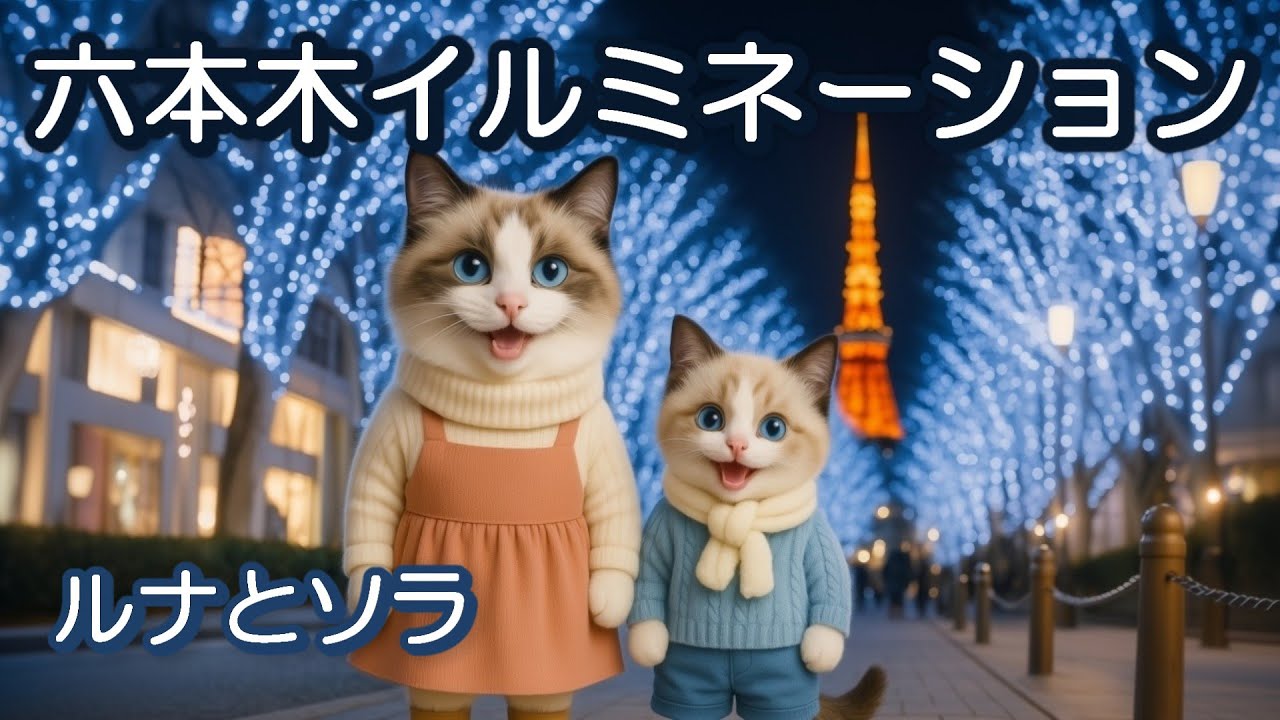 ママ猫と子猫が六本木の夜景に感動🗼光がきらめくけやき坂を歩く冬散歩　東京のイルミネーション（ルナとソラ） 