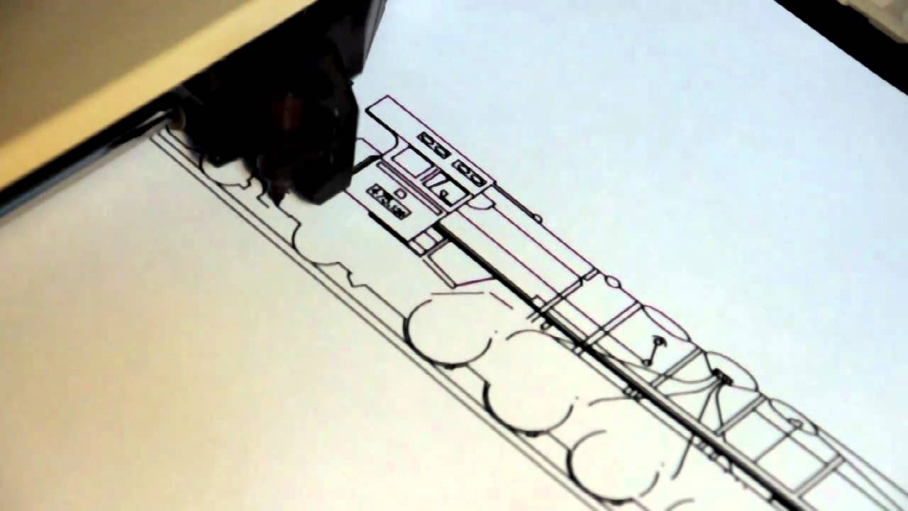 HP 7475A pen plotter drawing a Czech 475.1 series locomotive