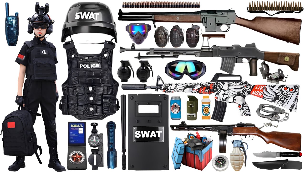 Special Forces military toy gun set unboxing, Sniper rifle, tactical helmet,UZI submachine gun, bomb