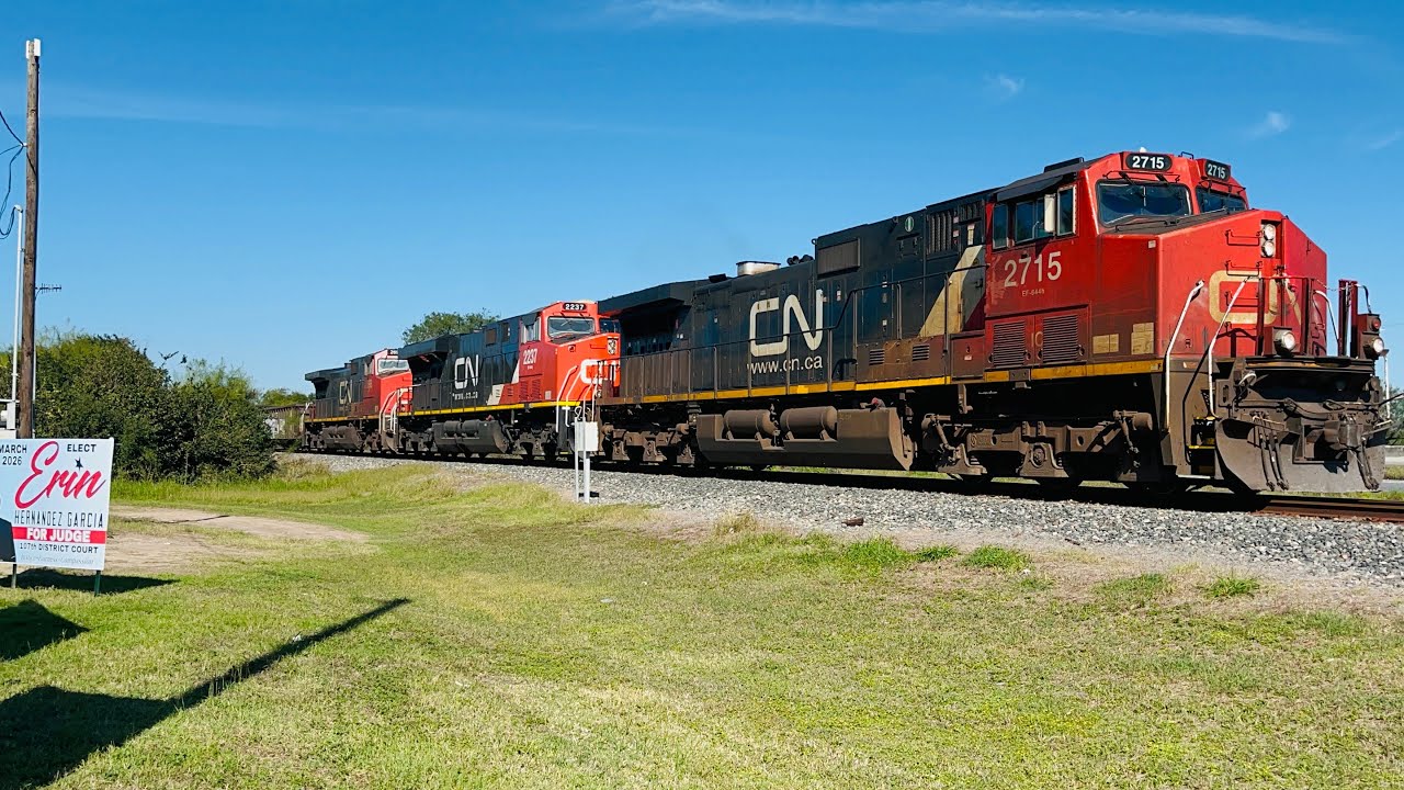 Canadian National 2715 leads the M-EWOL in San Benito south towards to Olmito TX.