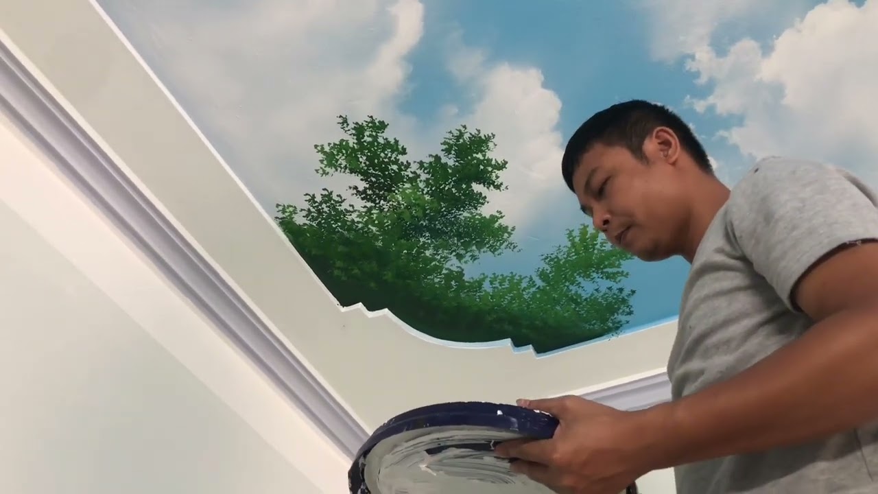 Cách vẽ cành lá trần mây bằng chổi sơn thanh bình.