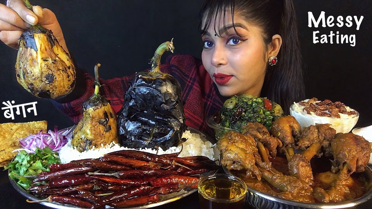 ASMR EATING RICE ALOO MATAR PALAK CHICKEN LEG CURRY CHILLI BAIGAN BHARTA SEVAI PAPAD | EATING SHOW