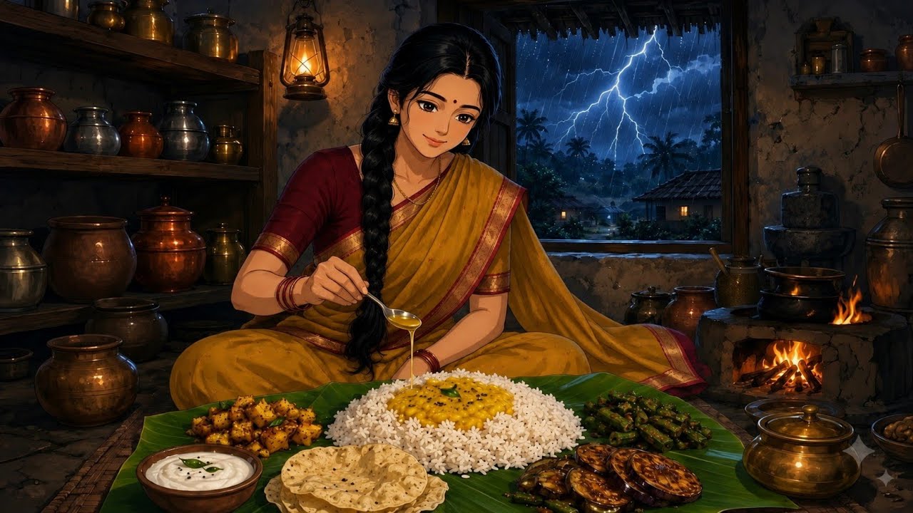 1990s Rainy Indian Village Life 🌧️ |  Desi Dish, Homemade Junnu & Family Time | Ghibli Style 
