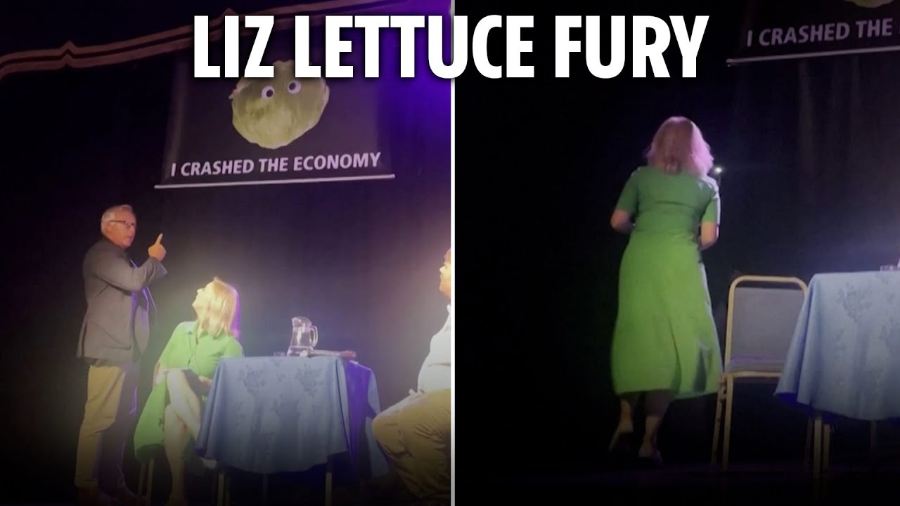 Liz Truss storms off stage after lettuce banner appears behind her during speech in awkward prank