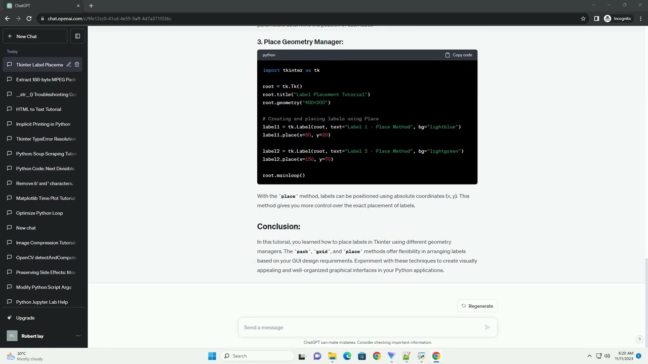 Label placement in Tkinter Python