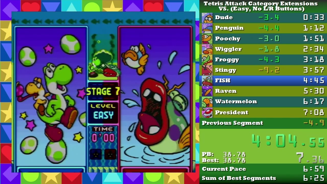 Tetris Attack NO L/R Buttons Easy 6:48 IRT (3:30 IGT)