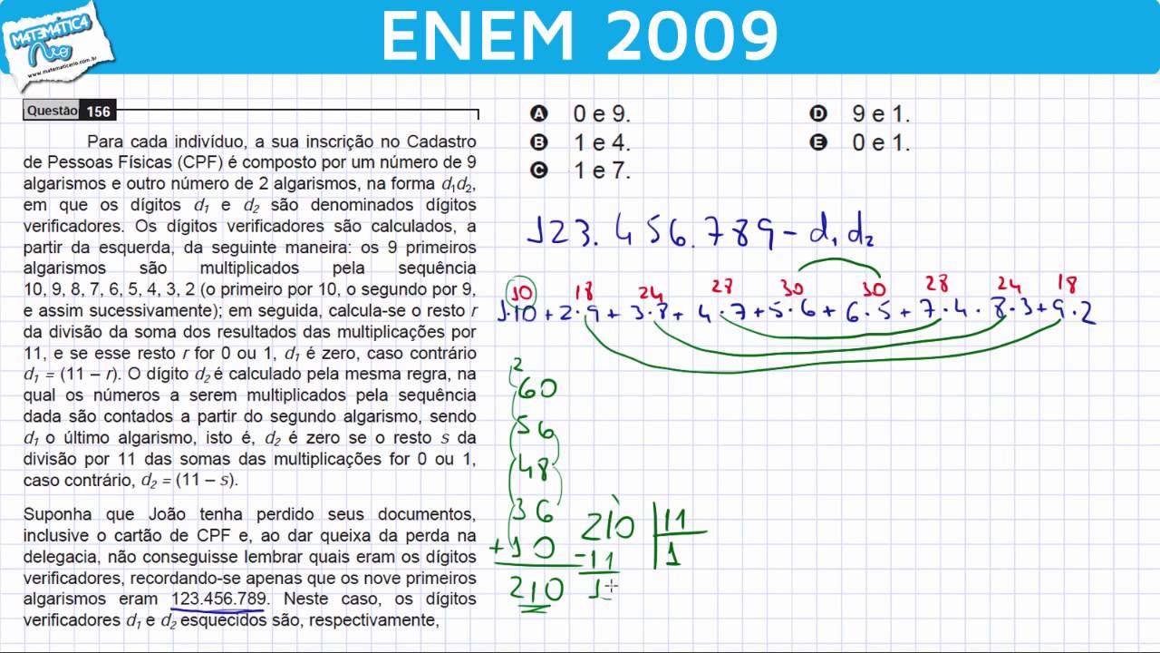 ENEM 2009 Matemática #21 - Resto da Divisão e Número do CPF