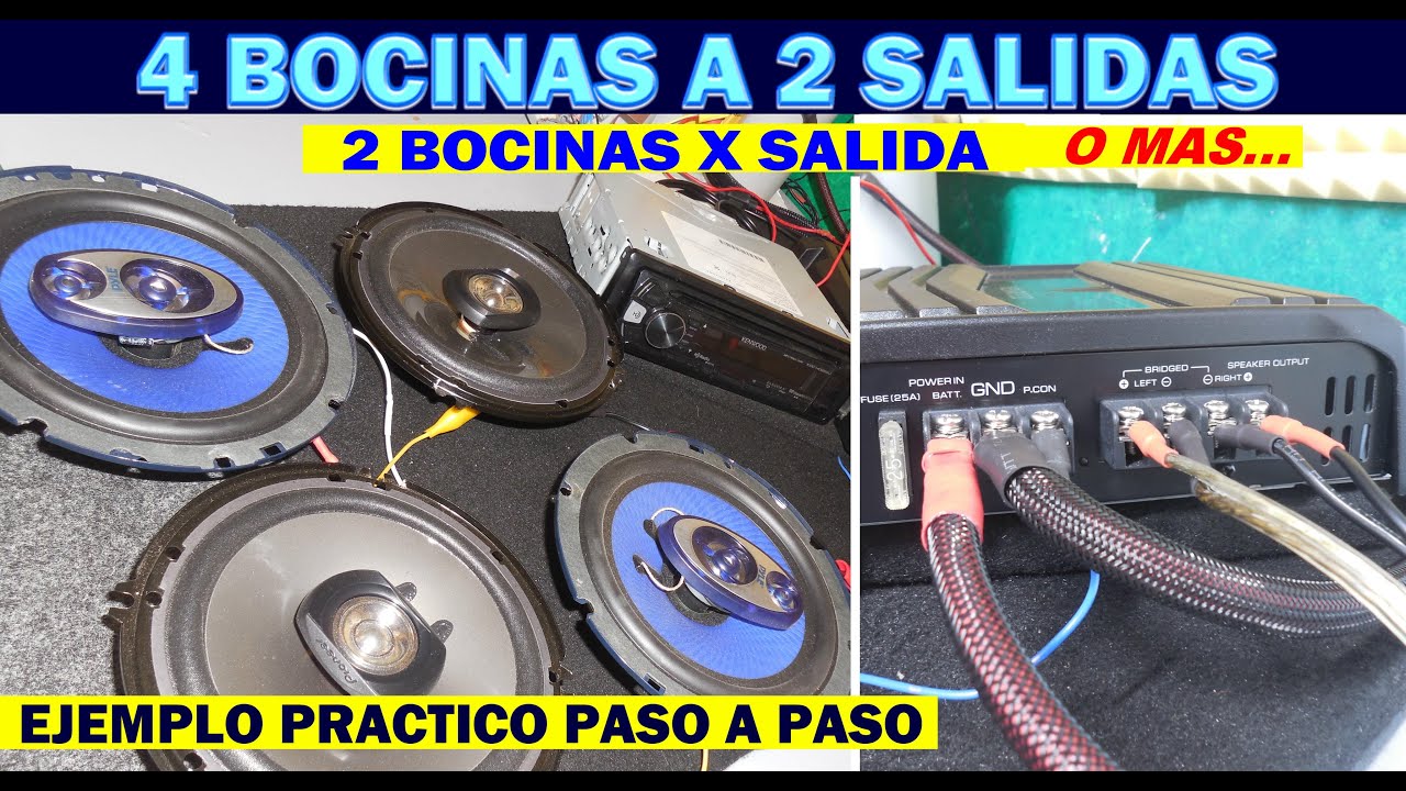 Como conectar 4 bocinas a amplificador de 2 salidas (multiples bocinas a una salida)