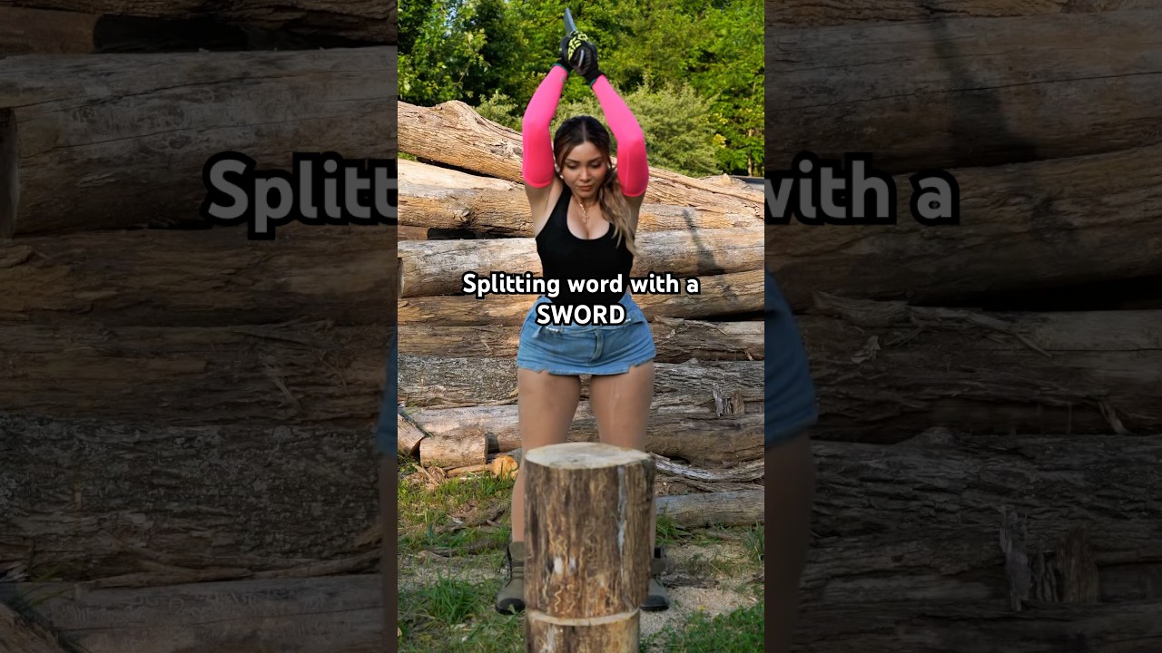 Wood splitting with a sword in Amish Pennsylvania United States