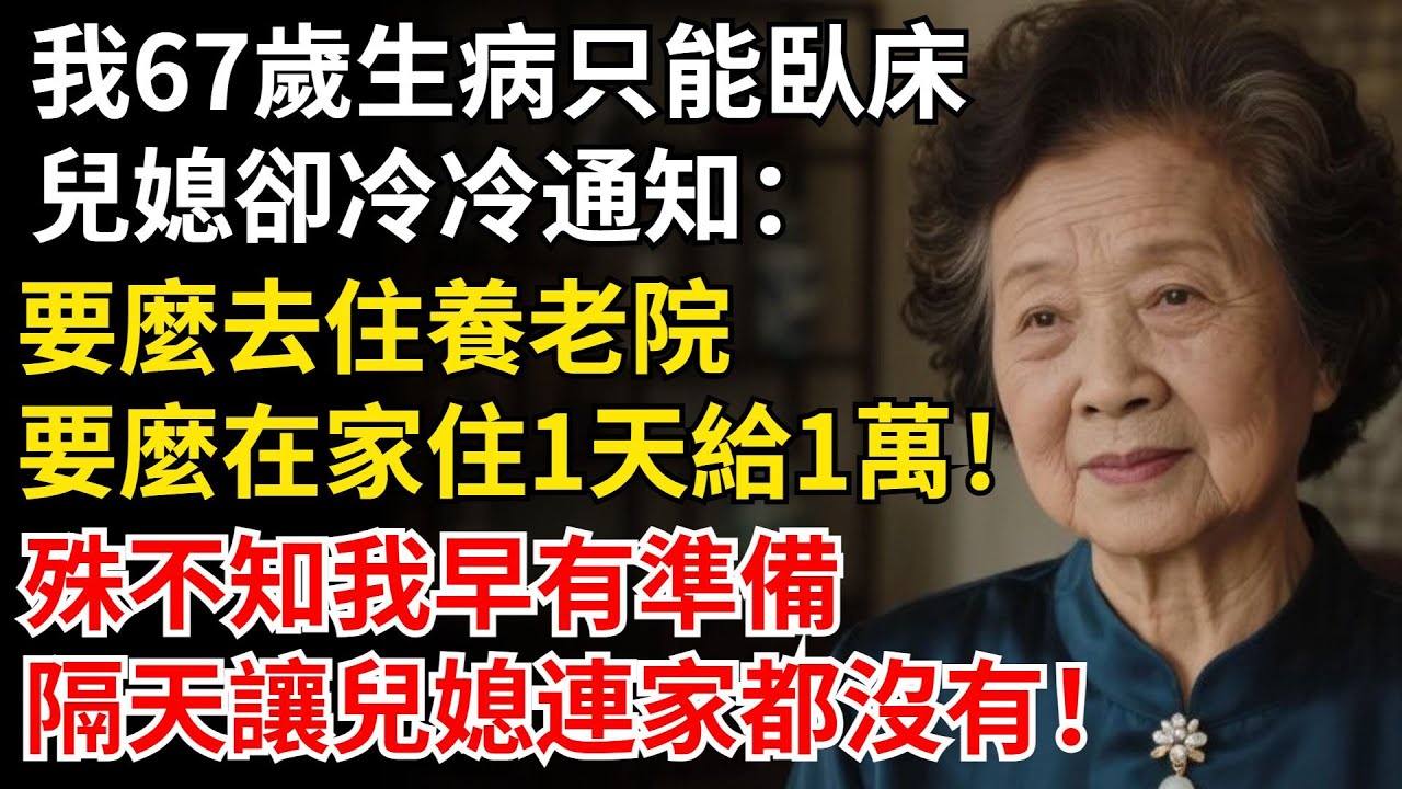 我67歲生病只能臥床，兒媳卻冷冷通知：要麽去住養老院，要麽在家1天給1萬，殊不知我早有準備，隔天讓兒媳連家都沒有！#晚年生活#中老年生活#為人處世#生活經驗#情感故事#幸福人生#上了年紀該明白的事