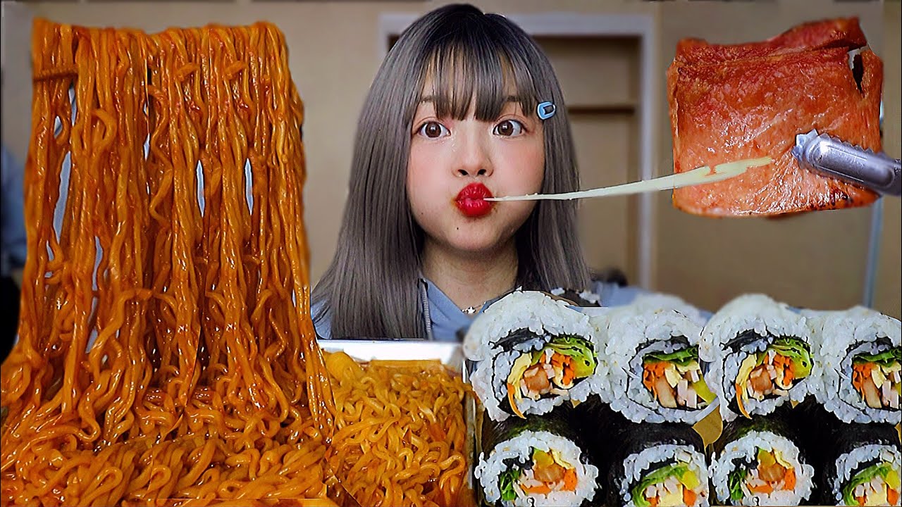 RABOKKI (ramen + tteokbokki) 😍, WHITE & BLACK KIMBAP, & CHEESE STUFFED SPAM 라볶이, 김밥, 치즈 통 스팸 먹방입니당