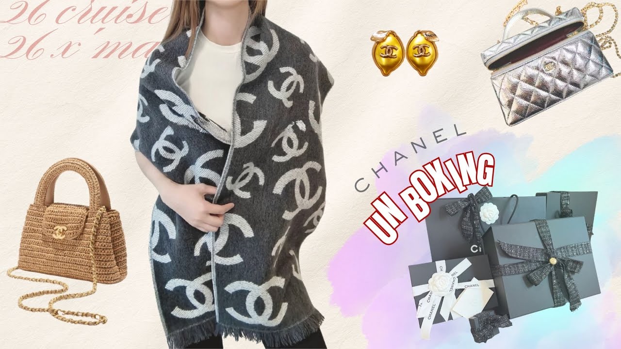 Chanel Unboxing 26C cruise & 26X Christmas Shopping Silver LP Raffia Kelly Nano Lemon Earrings Scarf