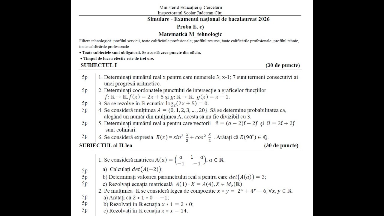 Simulare BAC matematică profil tehnologic ISJ Cluj, decembrie 2026