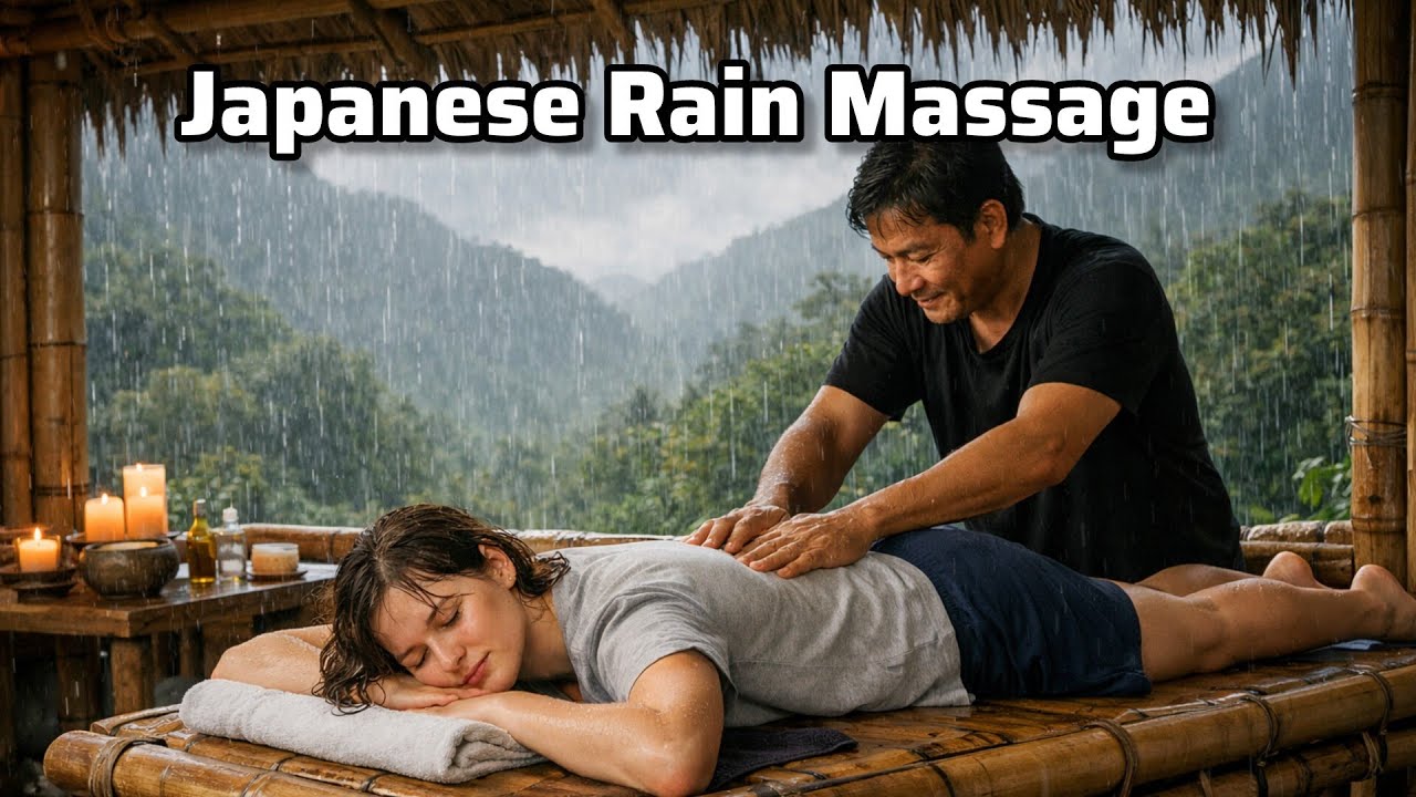 ASMR Japanese Rain Massage In Bamboo Porch & Deep sleep Village Rain sound 