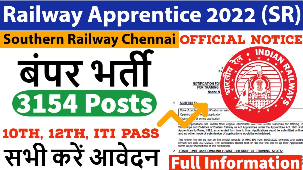 Southern Railway recruitment 2022 | Railway Apprentice 2022 (SR) | Railway Trade Apprentice 2022