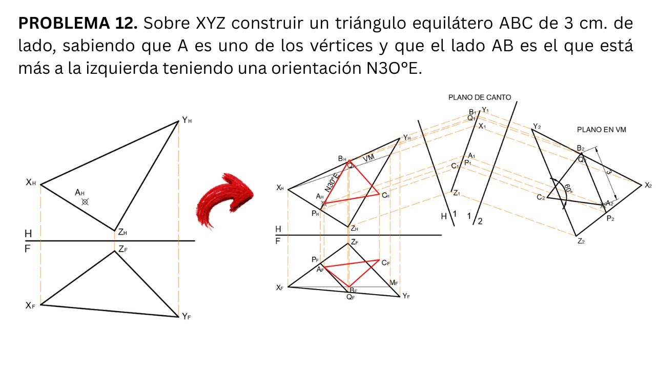 PROBLEMA N° 12: Construcción de un triángulo equilátero orientado sobre un plano inclinado