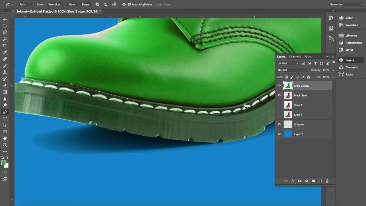 Демонстрация Photoshop: изоляция обуви/теней/фона и редактирование изображений