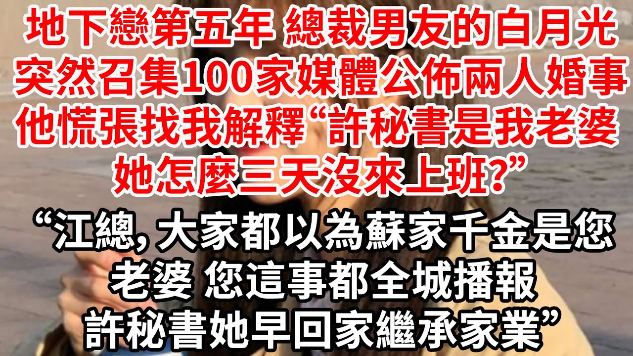 地下戀第五年 總裁男友的白月光突然召集100家媒體公佈兩人婚事，他慌張找我解釋“許秘書是我老婆 她怎麼三天沒來上班？”“江總，大家都以為蘇家千金是您老婆，您這事都全城播報，許秘書她早回家繼承家業”