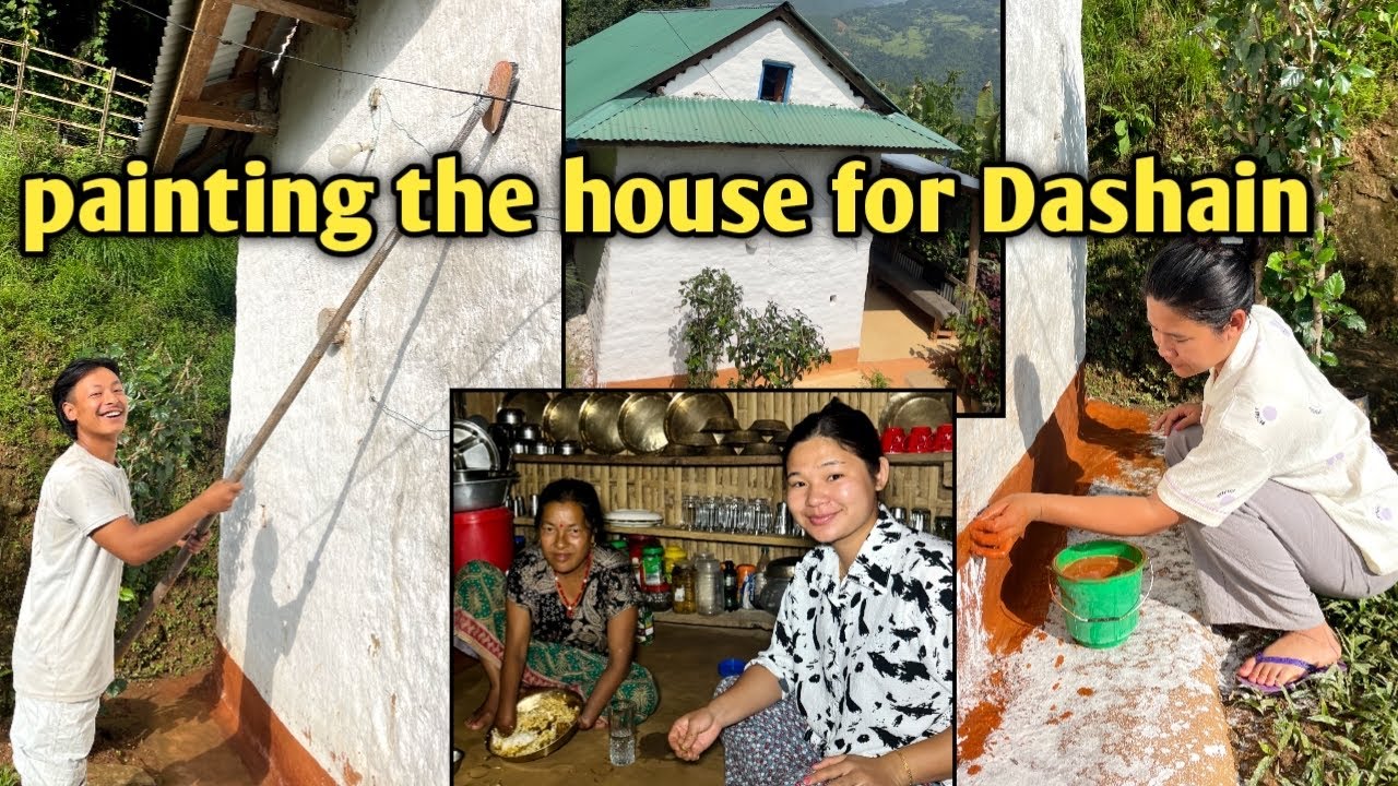 Painting the house for Dashain festival in the village#villagevlog #rurallife #cooking #food