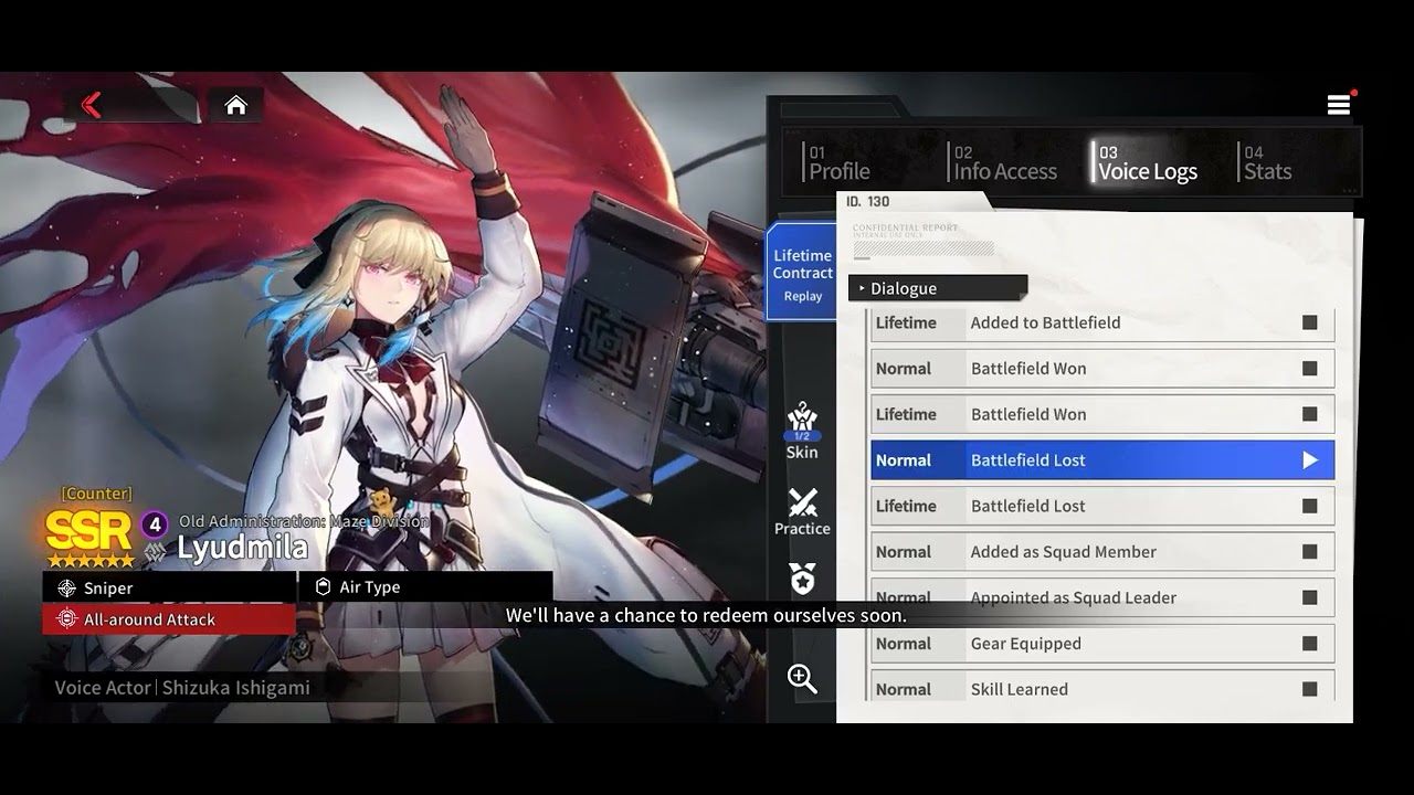 Counter Side : Old Administration Maze Division Lyudmila Japanese Voice Logs (Normal & Lifetime)