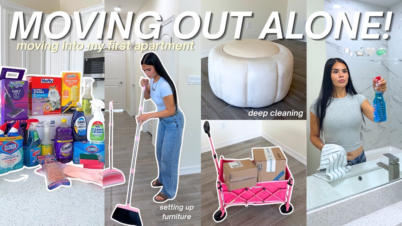 MOVING OUT ALONE AT 21! 📦 moving into my first apartment, deep cleaning & setting up furniture