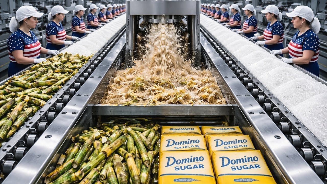 Inside a Domino Sugar Factory From Raw Sugarcane Stalks to White Crystals Full Process.