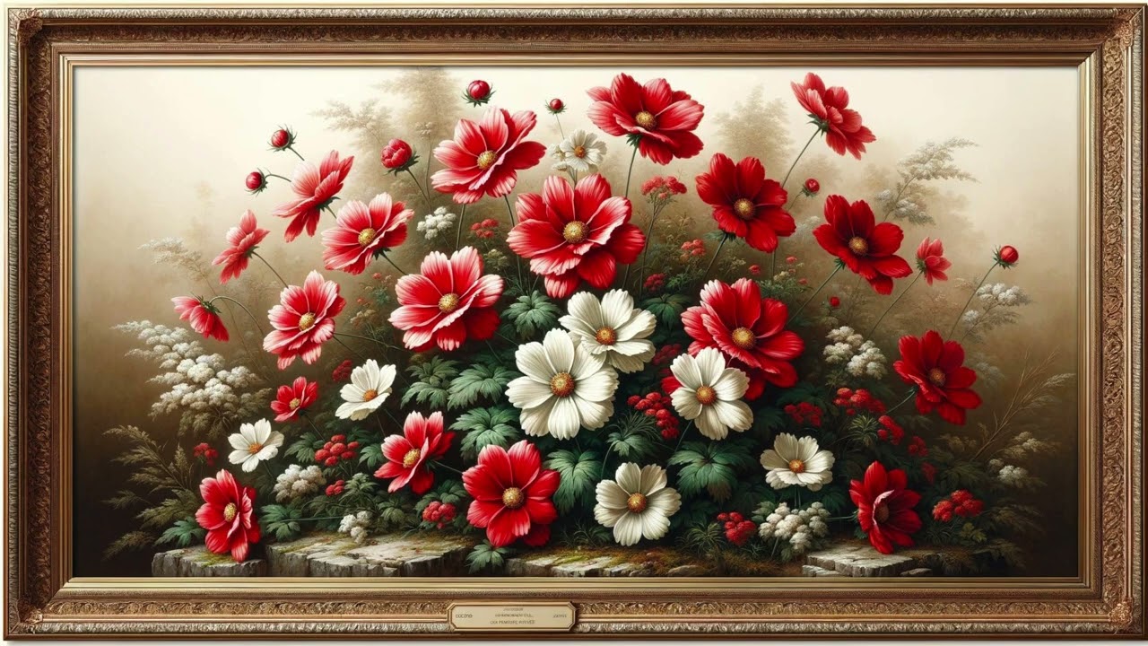TV Wallpaper | Cosmos Canvas: Red and White Blooms 