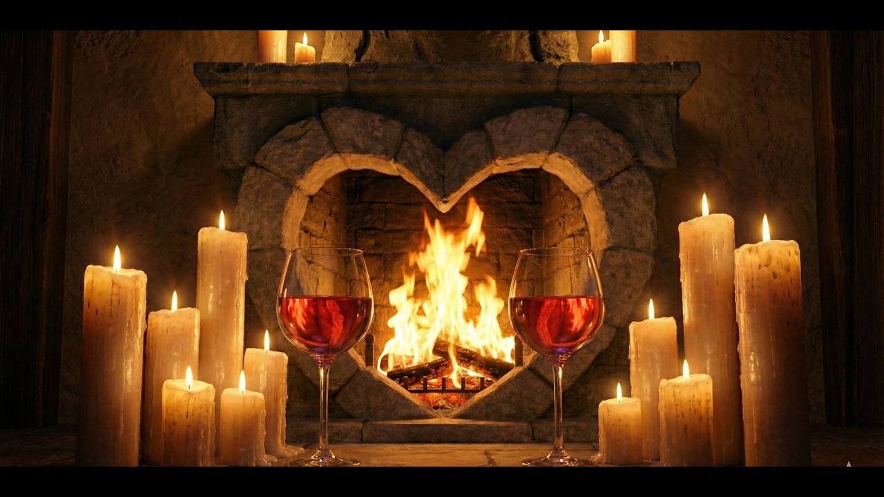 Romantic Fireplace with Candles 4K | Date Night Music & Real Fire (No AI)