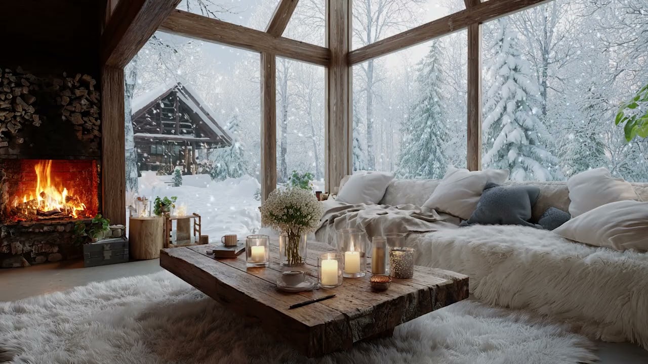 Winter Snow Piano Ambience | White Floral Lounge with Fireplace for 3 Hours Calm