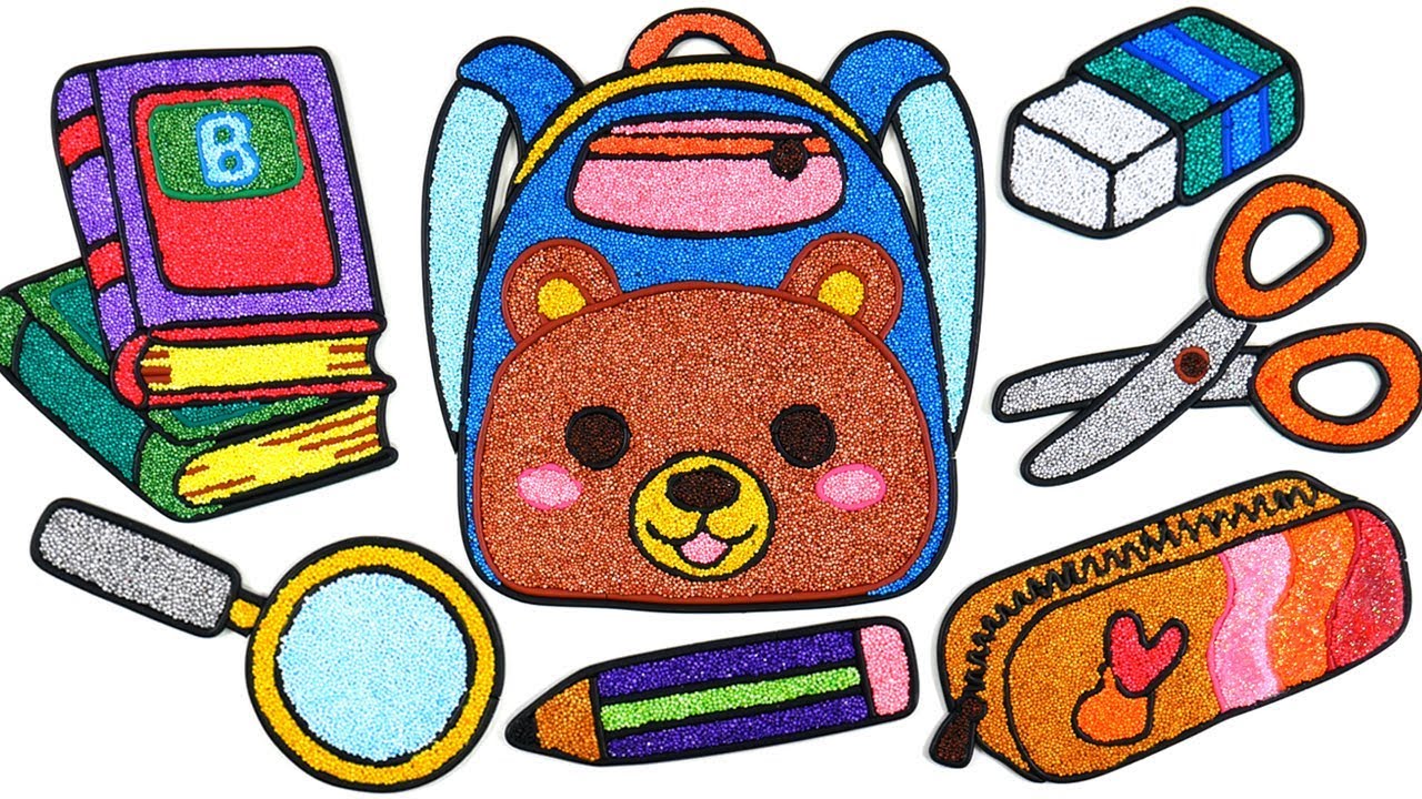 Coloring school bag with Foam clay for Kids, Children |book, pencil case, scissors, School supplies