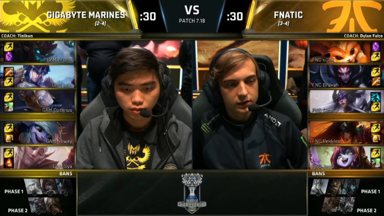 FNATIC VS GIGABYTE MARINES - GRUPOS - DESEMPATE - WORLDS 2017 - DÍA 5